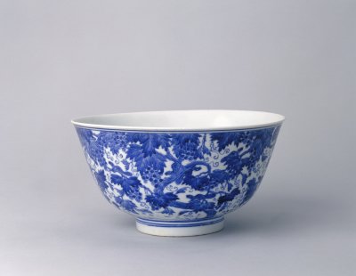 Blue and white squirrel grape bowl