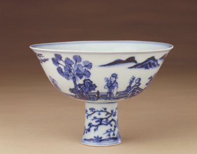 Blue and white figure patterns footed bowl